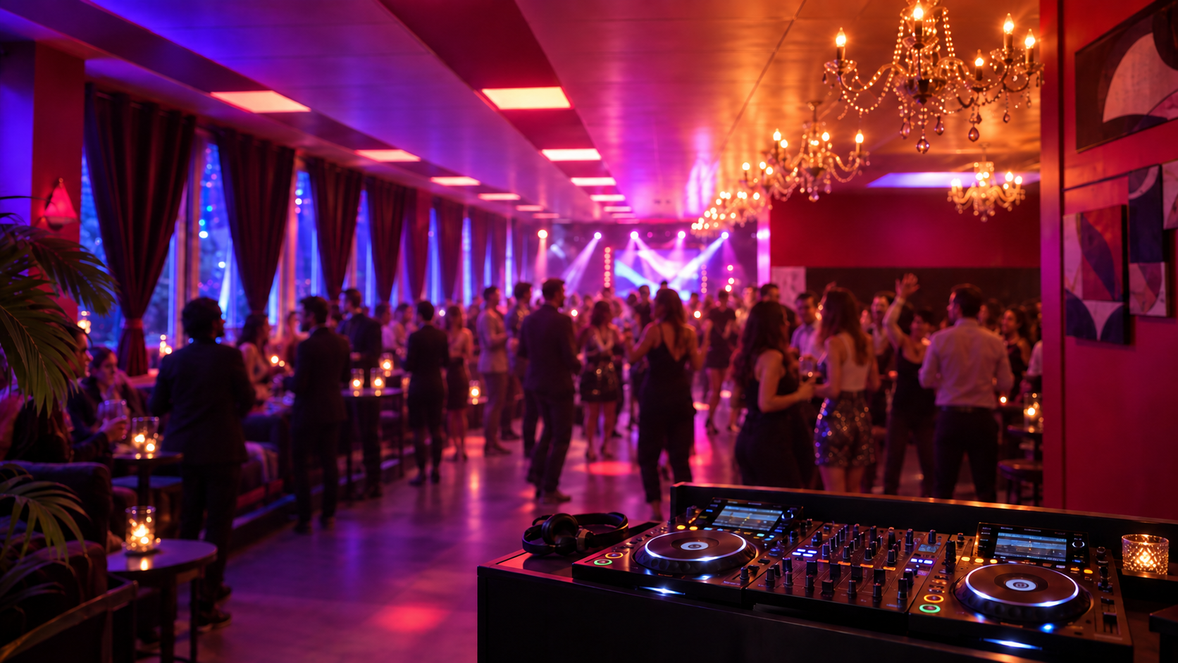La salle aménagée pour une soirée DJ